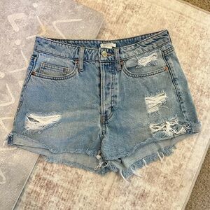 High-Waist Distressed Denim Shorts - Light Blue